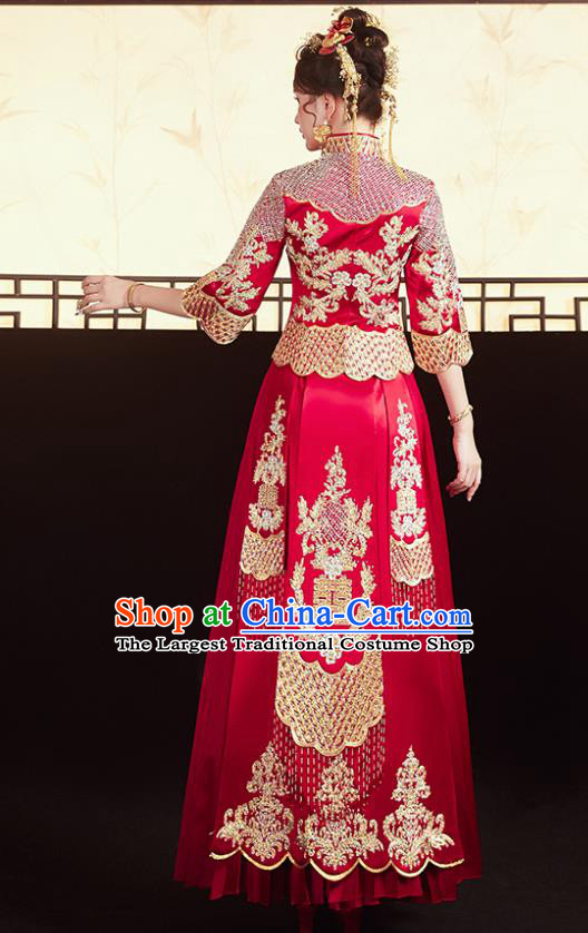 Chinese Traditional Bride Embroidered Red Xiu He Suit Wedding Blouse and Dress Bottom Drawer Ancient Costumes for Women