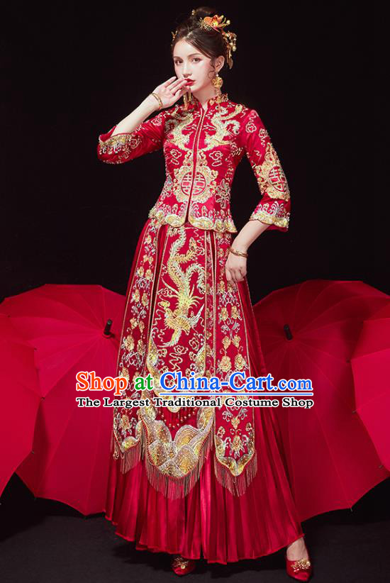 Chinese Traditional Ancient Bride Costumes Embroidered Golden Phoenix Xiu He Suit Wedding Blouse and Dress Bottom Drawer for Women