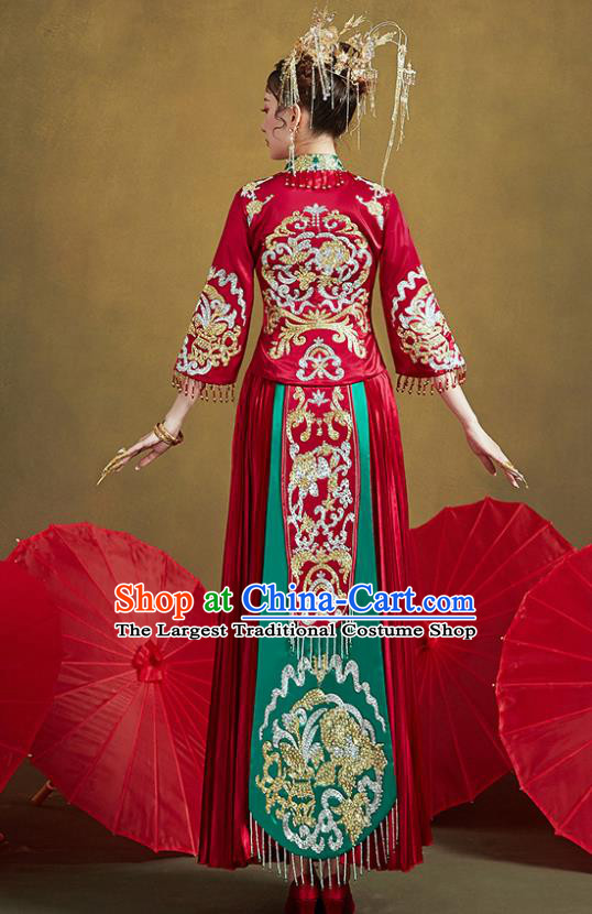 Chinese Traditional Ancient Bride Drilling Costumes Embroidered Red Xiu He Suit Wedding Blouse and Dress Bottom Drawer for Women