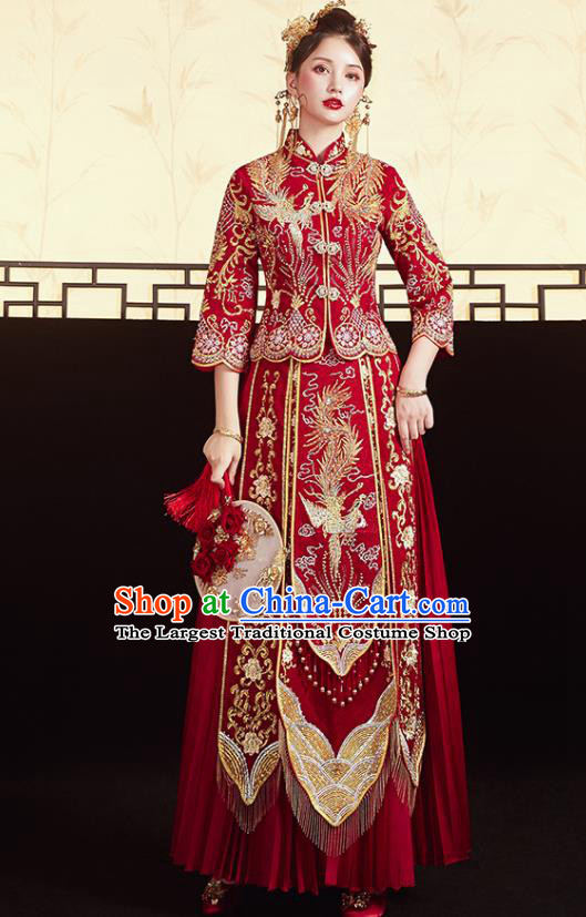 Chinese Traditional Ancient Bride Drilling Embroidered Phoenix Costumes Red Xiu He Suit Wedding Blouse and Dress Bottom Drawer for Women