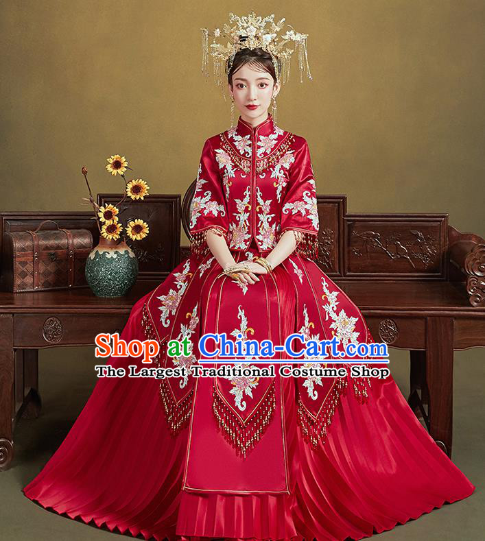 Chinese Ancient Bride Embroidered Drilling Peony Costumes Red Xiu He Suit Wedding Blouse and Dress Traditional Bottom Drawer for Women