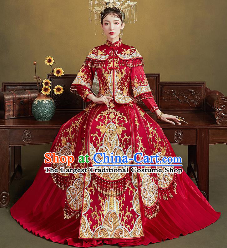 Chinese Ancient Bride Embroidered Costumes Drilling Waves Red Xiu He Suit Wedding Blouse and Dress Traditional Bottom Drawer for Women