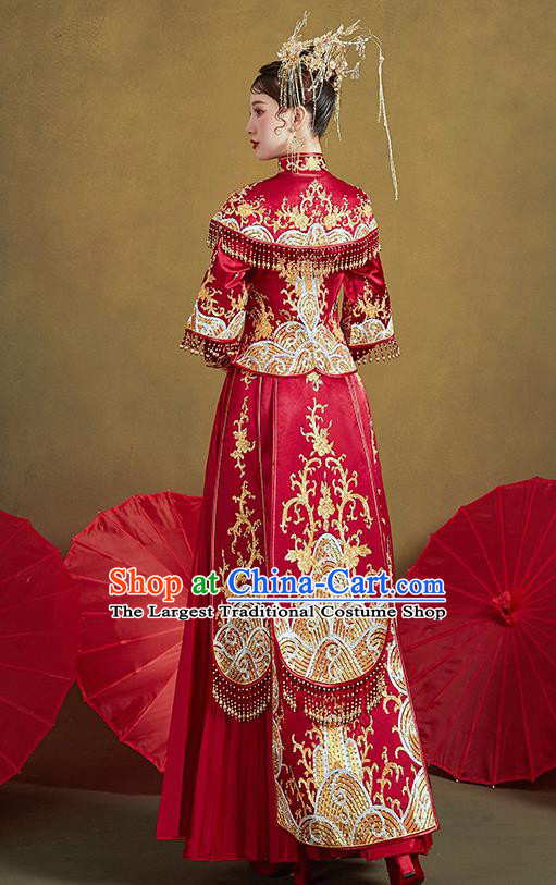 Chinese Ancient Bride Embroidered Costumes Drilling Waves Red Xiu He Suit Wedding Blouse and Dress Traditional Bottom Drawer for Women