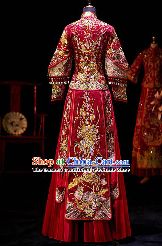 Chinese Ancient Bride Embroidered Costumes Diamante Peony Red Xiu He Suit Wedding Blouse and Dress Traditional Bottom Drawer for Women