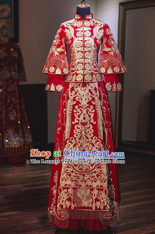 Chinese Ancient Bride Embroidered Red Costumes Diamante Xiu He Suit Wedding Blouse and Dress Traditional Bottom Drawer for Women