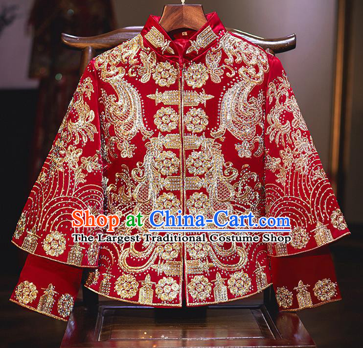 Chinese Ancient Bride Embroidered Red Costumes Diamante Xiu He Suit Wedding Blouse and Dress Traditional Bottom Drawer for Women