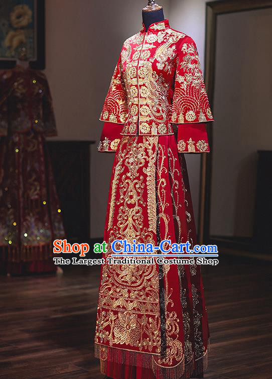 Chinese Ancient Bride Embroidered Red Costumes Diamante Xiu He Suit Wedding Blouse and Dress Traditional Bottom Drawer for Women