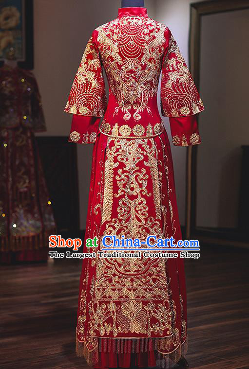 Chinese Ancient Bride Embroidered Red Costumes Diamante Xiu He Suit Wedding Blouse and Dress Traditional Bottom Drawer for Women
