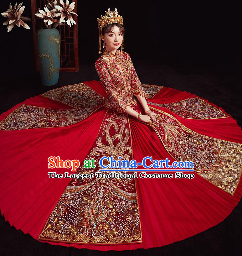 Chinese Ancient Bride Embroidered Phoenix Red Costumes Diamante Xiu He Suit Wedding Blouse and Dress Traditional Bottom Drawer for Women