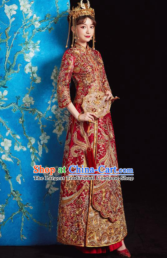 Chinese Ancient Bride Embroidered Phoenix Red Costumes Diamante Xiu He Suit Wedding Blouse and Dress Traditional Bottom Drawer for Women