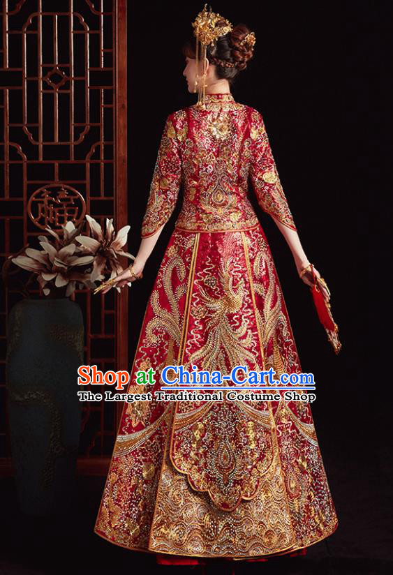 Chinese Ancient Bride Embroidered Phoenix Red Costumes Diamante Xiu He Suit Wedding Blouse and Dress Traditional Bottom Drawer for Women