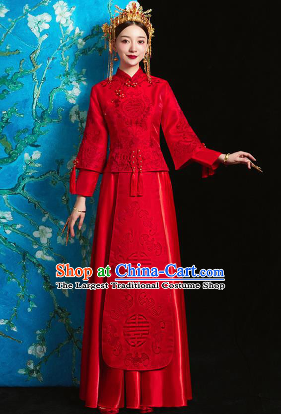 Chinese Ancient Bride Embroidered Red Costumes Xiu He Suit Wedding Blouse and Dress Traditional Bottom Drawer for Women