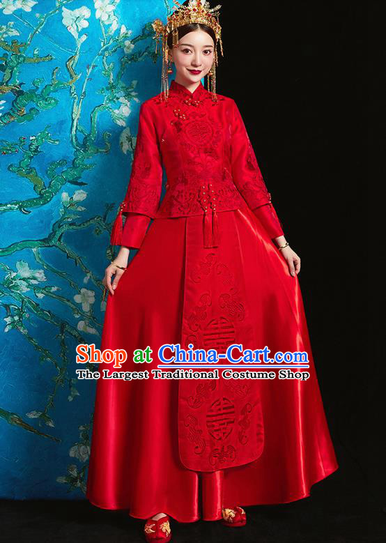 Chinese Ancient Bride Embroidered Red Costumes Xiu He Suit Wedding Blouse and Dress Traditional Bottom Drawer for Women