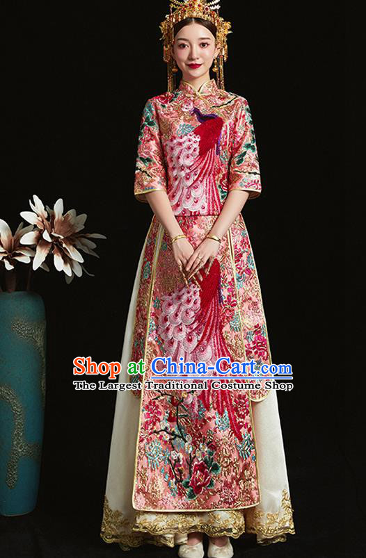Chinese Ancient Bride Embroidered Peacock Pink Costumes Xiu He Suit Wedding Blouse and Dress Traditional Bottom Drawer for Women