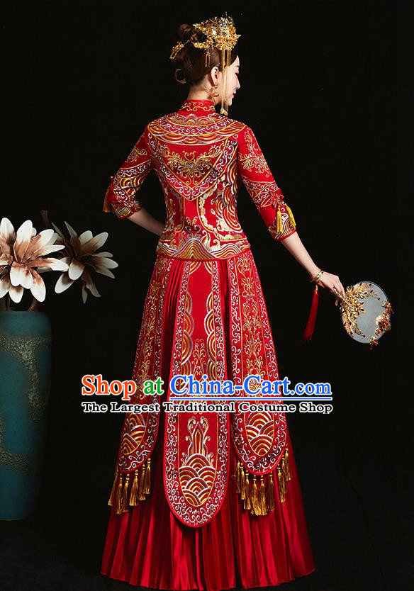 Chinese Ancient Bride Embroidered Red Xiu He Suit Wedding Costumes Blouse and Dress Traditional Bottom Drawer for Women