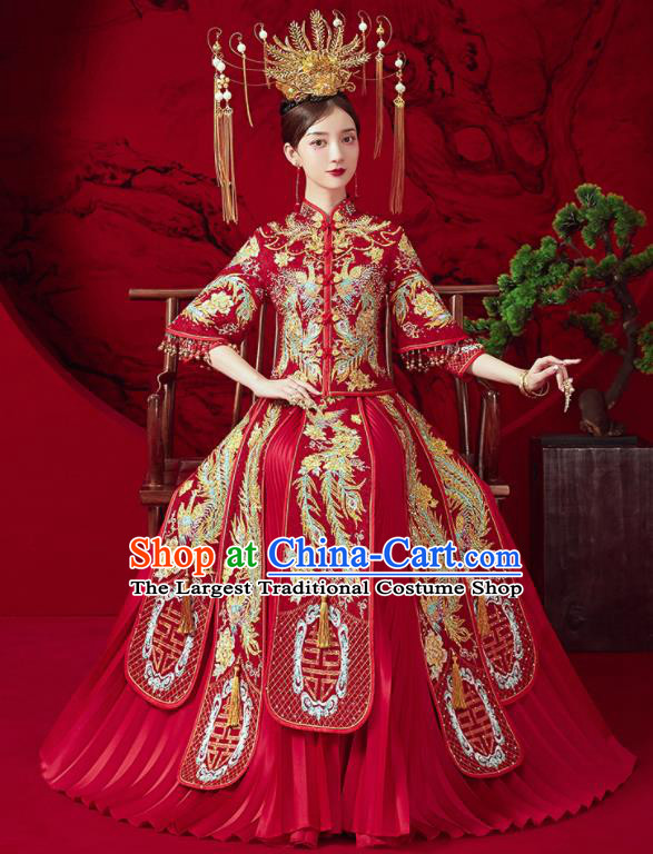 Chinese Ancient Embroidered Drilling Phoenix Blouse and Dress Traditional Bride Red Xiu He Suit Wedding Costumes for Women