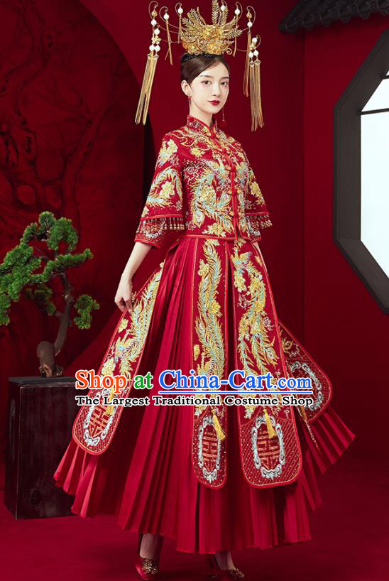 Chinese Ancient Embroidered Drilling Phoenix Blouse and Dress Traditional Bride Red Xiu He Suit Wedding Costumes for Women