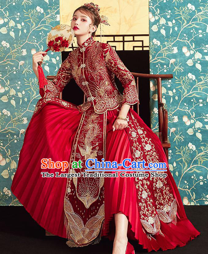 Chinese Ancient Embroidered Phoenix Drilling Blouse and Dress Traditional Bride Red Xiu He Suit Wedding Costumes for Women
