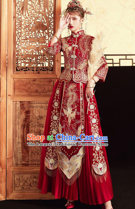 Chinese Ancient Embroidered Phoenix Drilling Blouse and Dress Traditional Bride Red Xiu He Suit Wedding Costumes for Women