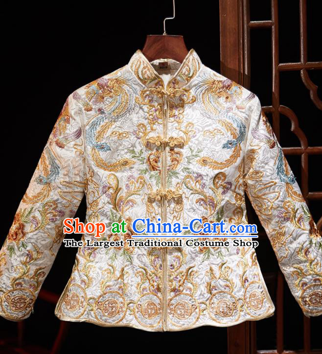 Chinese Ancient Wedding Embroidered Phoenix Champagne Blouse and Dress Traditional Bride Xiu He Suit Costumes for Women