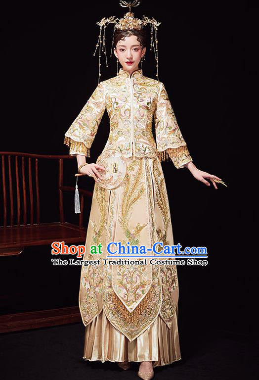 Chinese Ancient Wedding Embroidered Phoenix Golden Blouse and Dress Traditional Bride Xiu He Suit Costumes for Women