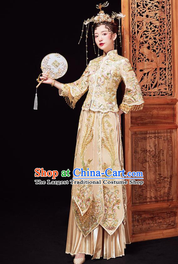 Chinese Ancient Wedding Embroidered Phoenix Golden Blouse and Dress Traditional Bride Xiu He Suit Costumes for Women