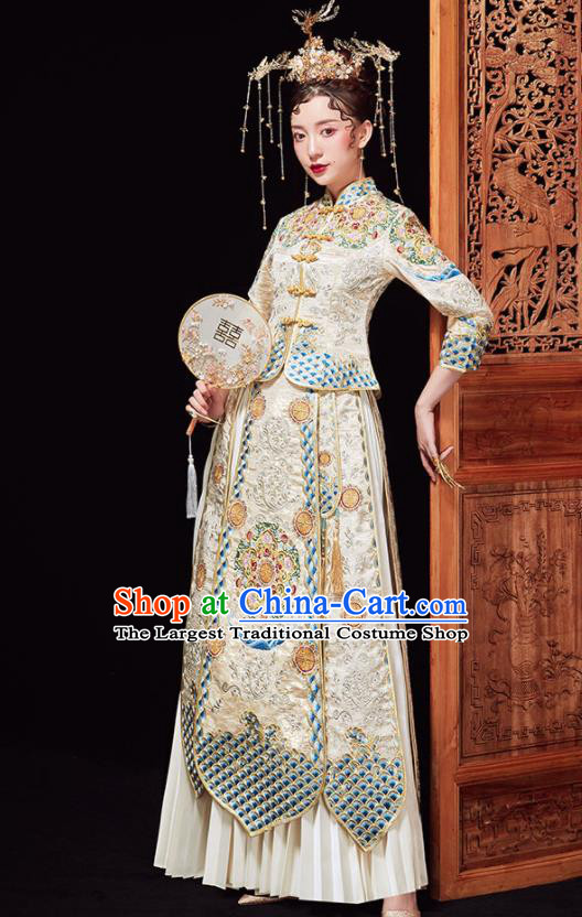 Chinese Ancient Wedding Embroidered Light Golden Blouse and Dress Traditional Bride Xiu He Suit Costumes for Women