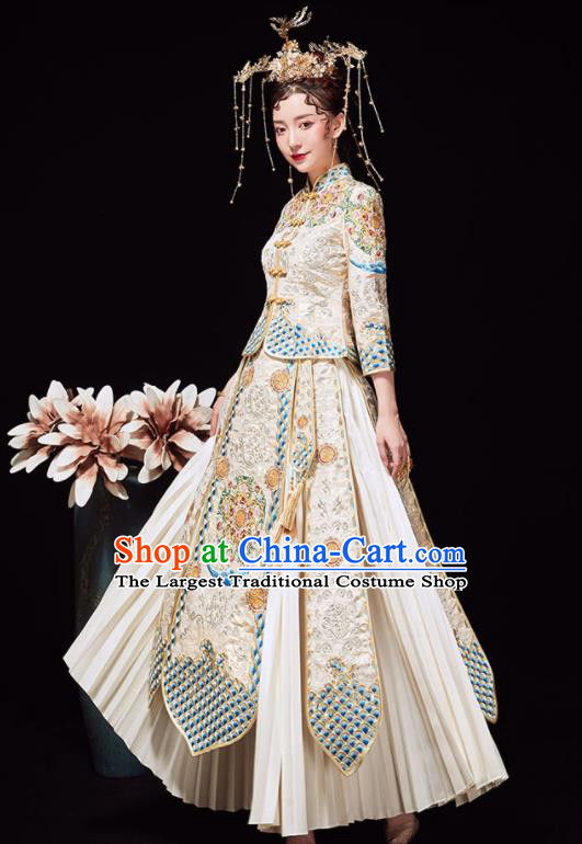 Chinese Ancient Wedding Embroidered Light Golden Blouse and Dress Traditional Bride Xiu He Suit Costumes for Women