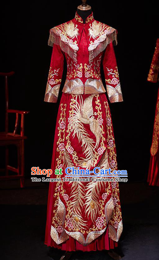Chinese Ancient Wedding Embroidered Phoenix Peony Red Blouse and Dress Traditional Bride Xiu He Suit Costumes for Women