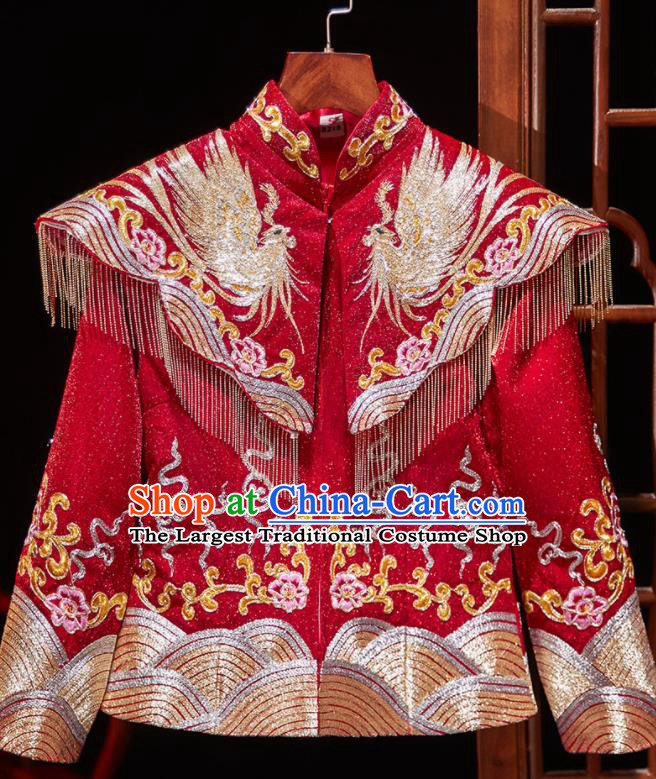Chinese Ancient Wedding Embroidered Phoenix Peony Red Blouse and Dress Traditional Bride Xiu He Suit Costumes for Women