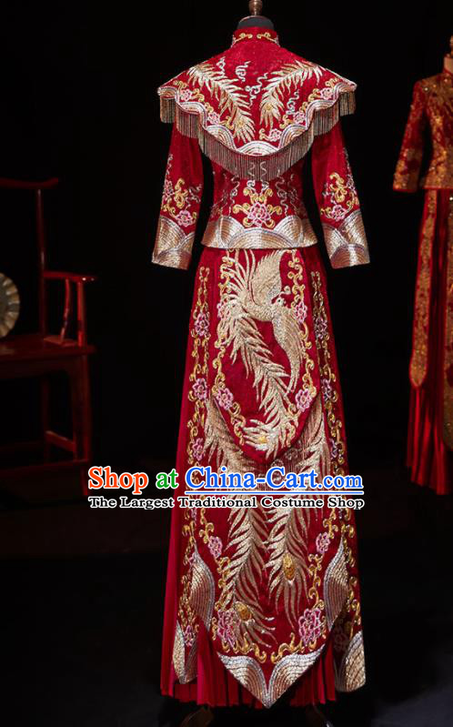 Chinese Ancient Wedding Embroidered Phoenix Peony Red Blouse and Dress Traditional Bride Xiu He Suit Costumes for Women