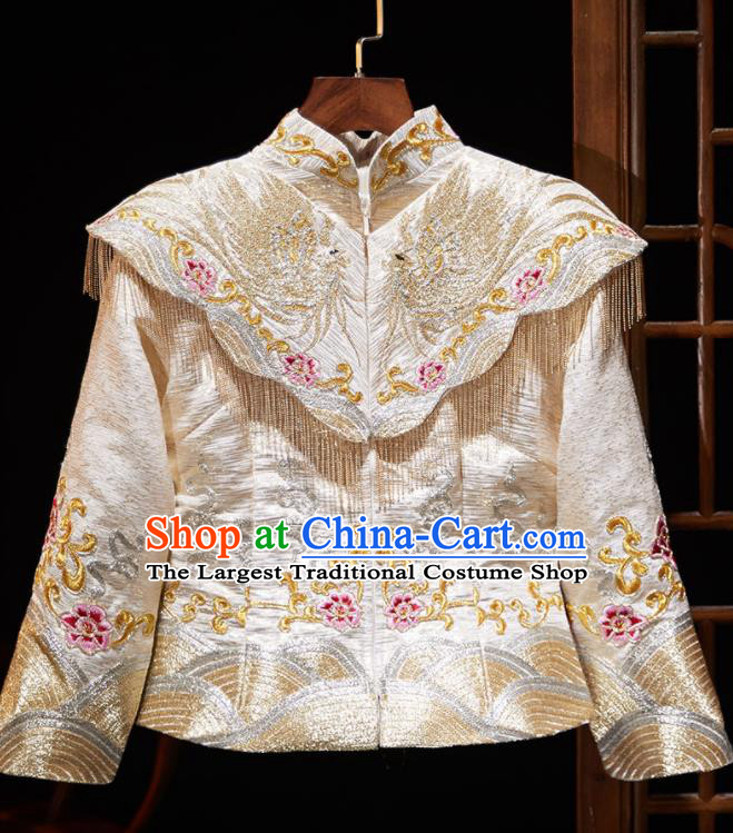 Chinese Ancient Embroidered Phoenix Peony Light Golden Blouse and Dress Traditional Bride Xiu He Suit Wedding Costumes for Women
