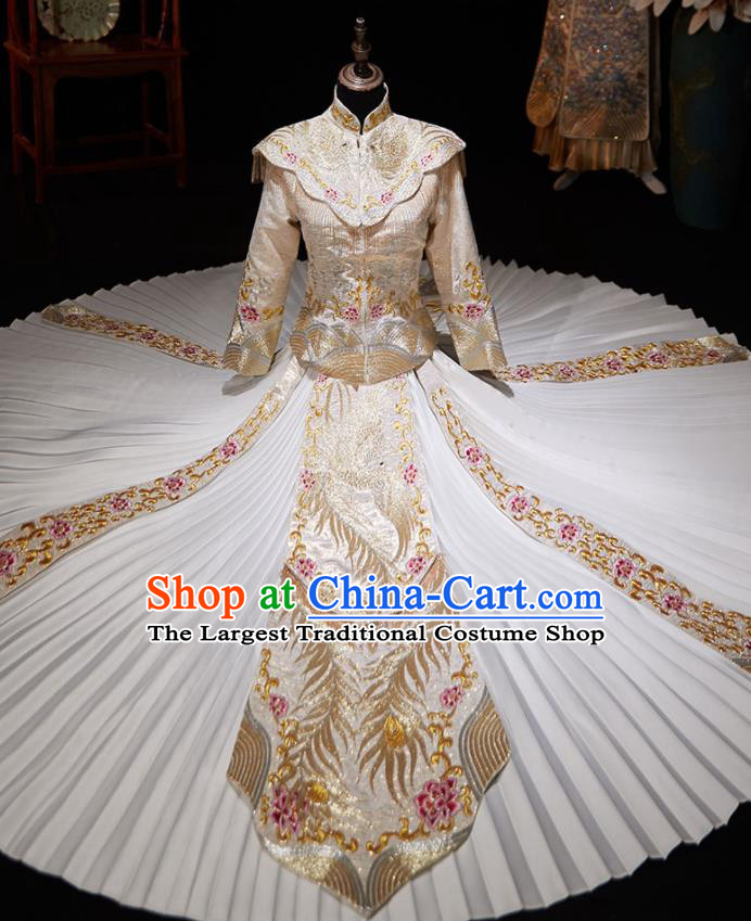 Chinese Ancient Embroidered Phoenix Peony Light Golden Blouse and Dress Traditional Bride Xiu He Suit Wedding Costumes for Women