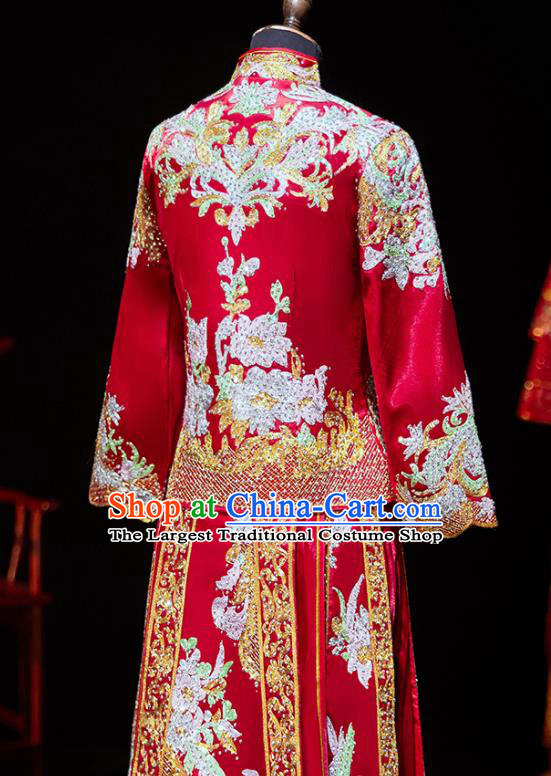 Chinese Ancient Bride Embroidered Diamante Blouse and Dress Xiu He Suit Wedding Costumes Traditional Red Bottom Drawer for Women