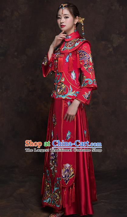 Chinese Ancient Wedding Embroidered Lotus Red Blouse and Dress Traditional Bride Xiu He Suit Costumes for Women
