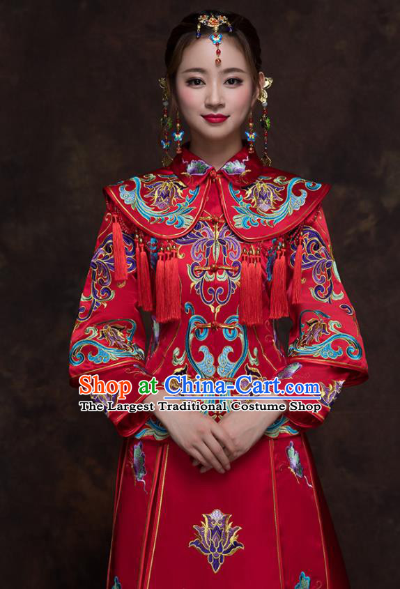 Chinese Ancient Wedding Embroidered Lotus Red Blouse and Dress Traditional Bride Xiu He Suit Costumes for Women
