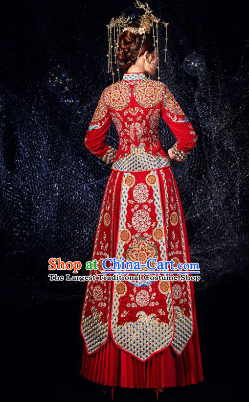 Chinese Ancient Wedding Embroidered Drilling Flowers Red Blouse and Dress Traditional Bride Xiu He Suit Costumes for Women