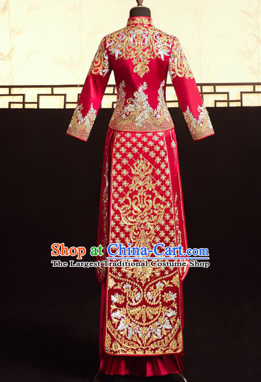 Chinese Ancient Bride Embroidered Flowers Blouse and Dress Diamante Xiu He Suit Wedding Costumes Traditional Red Bottom Drawer for Women