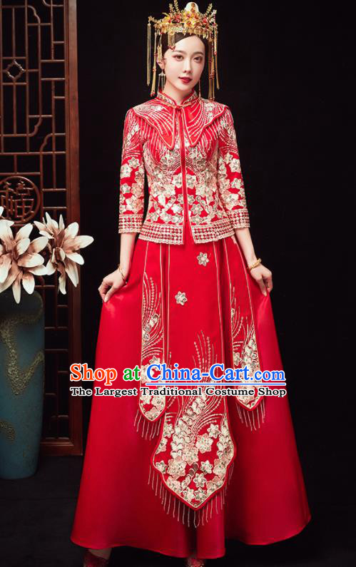 Chinese Ancient Bride Embroidered Flowers Red Blouse and Dress Traditional Xiu He Suit Wedding Costumes for Women