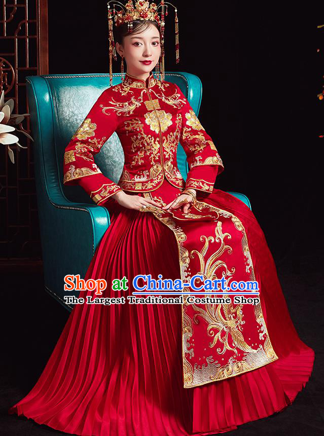 Chinese Ancient Bride Embroidered Phoenix Red Dress Traditional Xiu He Suit Wedding Costumes for Women
