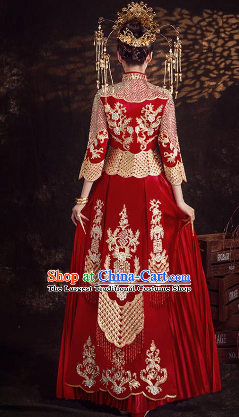 Chinese Ancient Bride Embroidered Diamante Red Xiu He Suit Wedding Costumes Blouse and Dress Traditional Bottom Drawer for Women