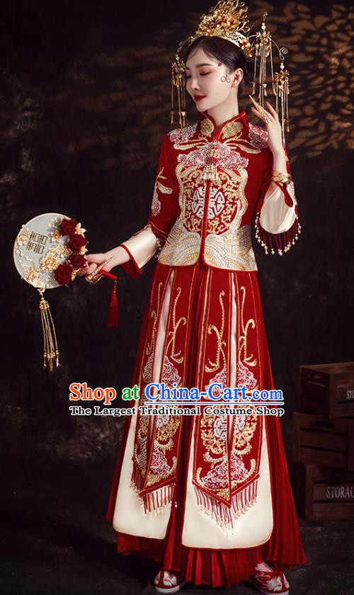 Chinese Ancient Bride Embroidered Diamante Peony Red Xiu He Suit Wedding Costumes Blouse and Dress Traditional Bottom Drawer for Women