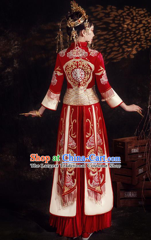 Chinese Ancient Bride Embroidered Diamante Peony Red Xiu He Suit Wedding Costumes Blouse and Dress Traditional Bottom Drawer for Women