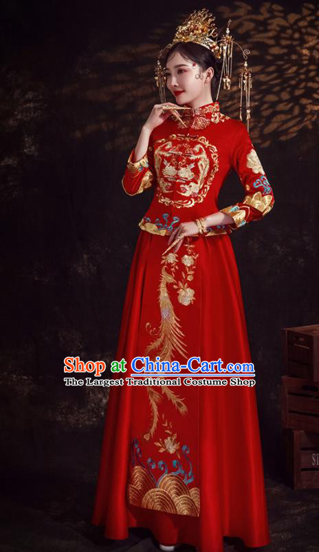 Chinese Ancient Bride Embroidered Phoenix Peony Red Xiu He Suit Wedding Costumes Blouse and Dress Traditional Bottom Drawer for Women
