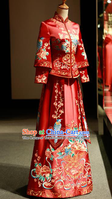 Chinese Ancient Wedding Embroidered Plum Birds Red Blouse and Dress Traditional Bride Xiu He Suit Costumes for Women