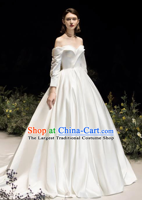 Custom Top Grade White Satin Off Shoulder Wedding Dress Bride Trailing Full Dress for Women