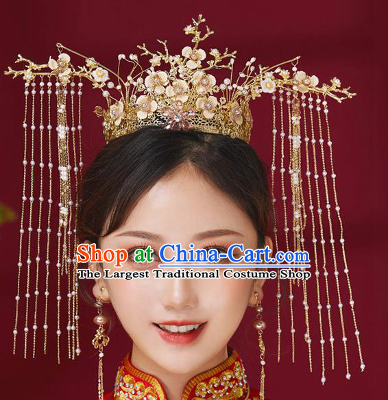 Chinese Ancient Bride Silk Flowers Phoenix Coronet Hairpins Traditional Wedding Xiu He Hair Accessories Complete Set for Women