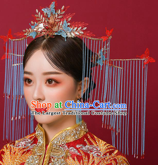 Chinese Ancient Bride Butterfly Phoenix Coronet Hairpins Traditional Wedding Xiu He Hair Accessories Complete Set for Women