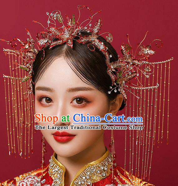 Chinese Ancient Bride Red Beads Phoenix Coronet Tassel Hairpins Traditional Wedding Xiu He Hair Accessories Complete Set for Women