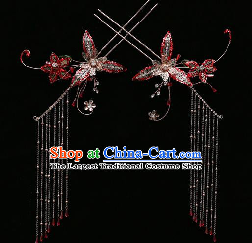 Chinese Ancient Bride Red Beads Phoenix Coronet Tassel Hairpins Traditional Wedding Xiu He Hair Accessories Complete Set for Women